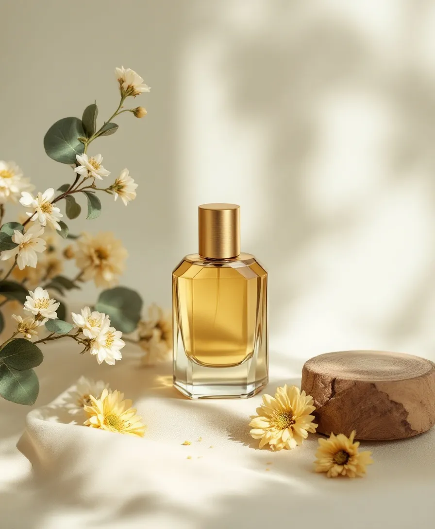 Faceted amber glass eau de parfum bottle on a bone-colored linen surface with dried botanicals